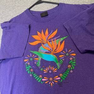 Vintage 1990s  Funky Purple Striped‎ Long Sleeve Floral Flower Tee Mens XL
